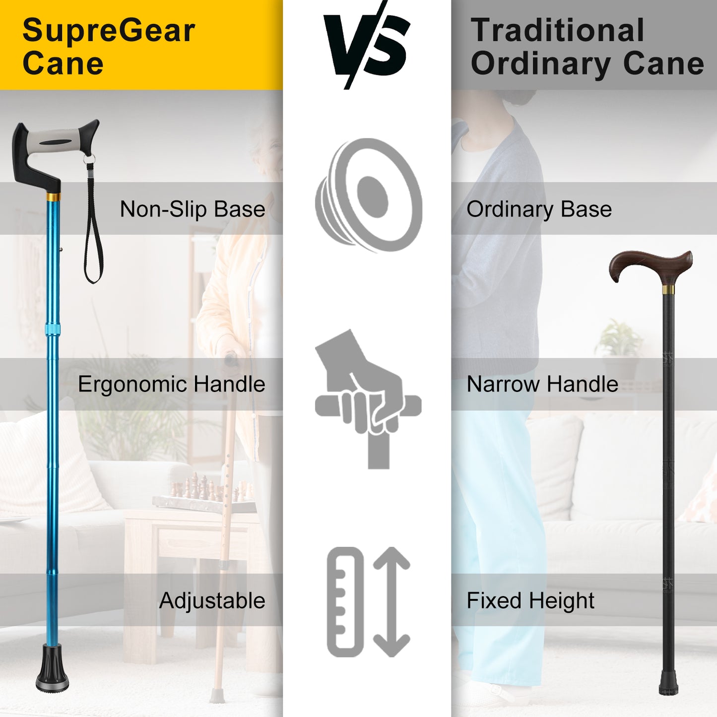 Foldable Adjustable Walking Cane with Offset Ergonomic Handle & All-Terrain Tip