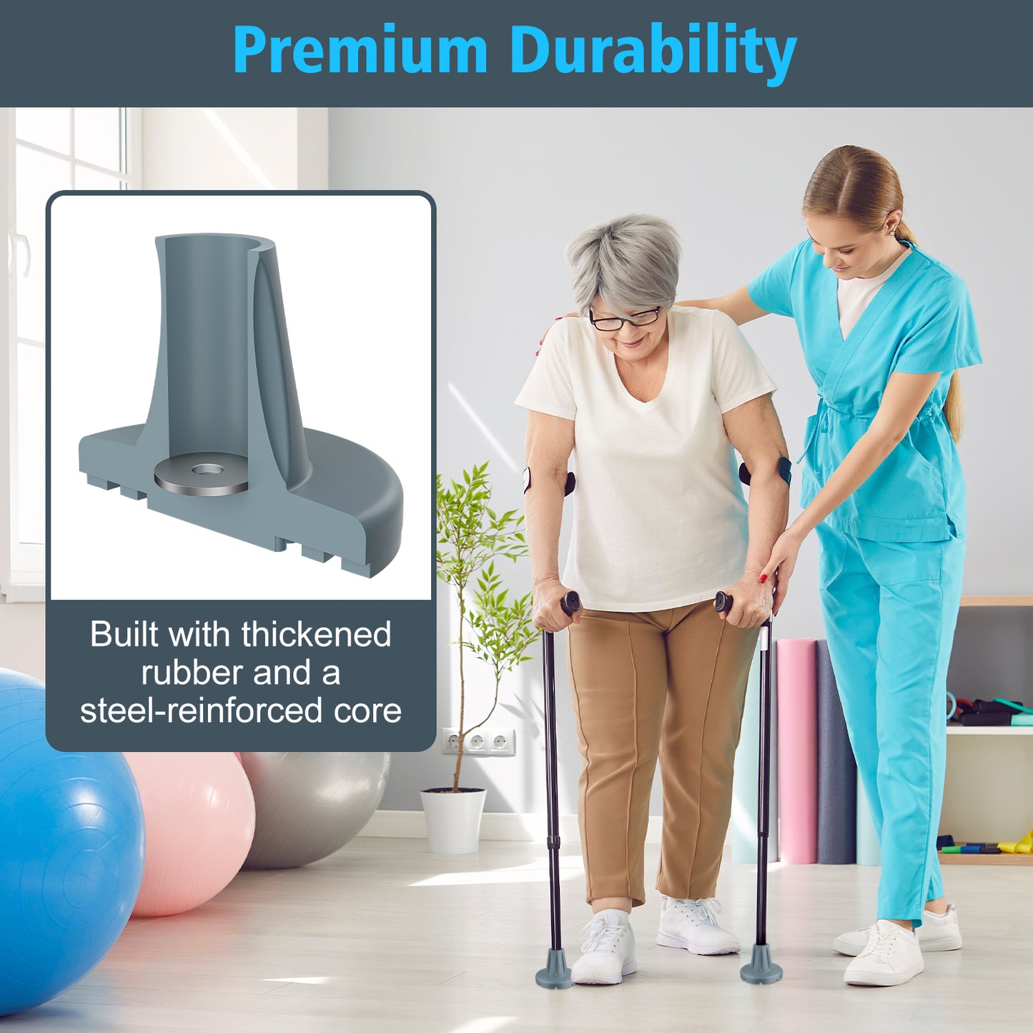 7/8" Heavy-Duty Anti-Slip Rubber Cane Tips with Steel Core, 2-Pack