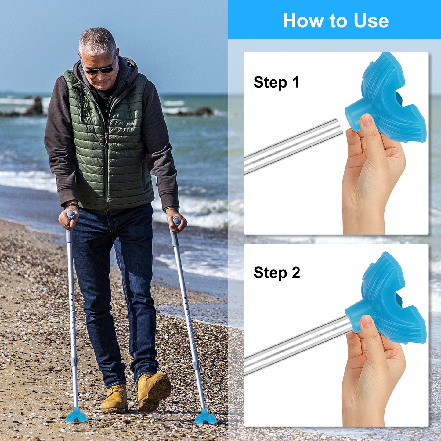 Self-Standing Cane Tip, Rubber Quad Base for Canes & Walking Sticks