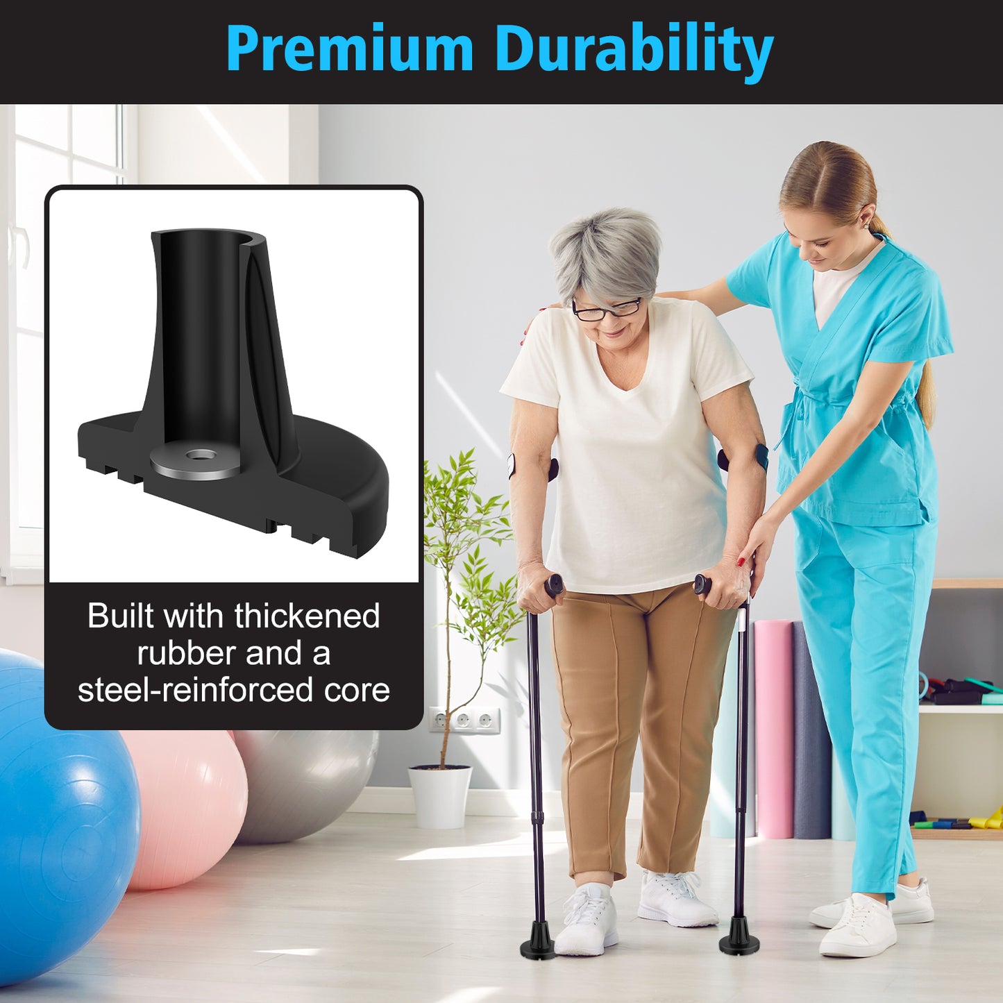 7/8" Heavy-Duty Anti-Slip Rubber Cane Tips with Steel Core, 2-Pack