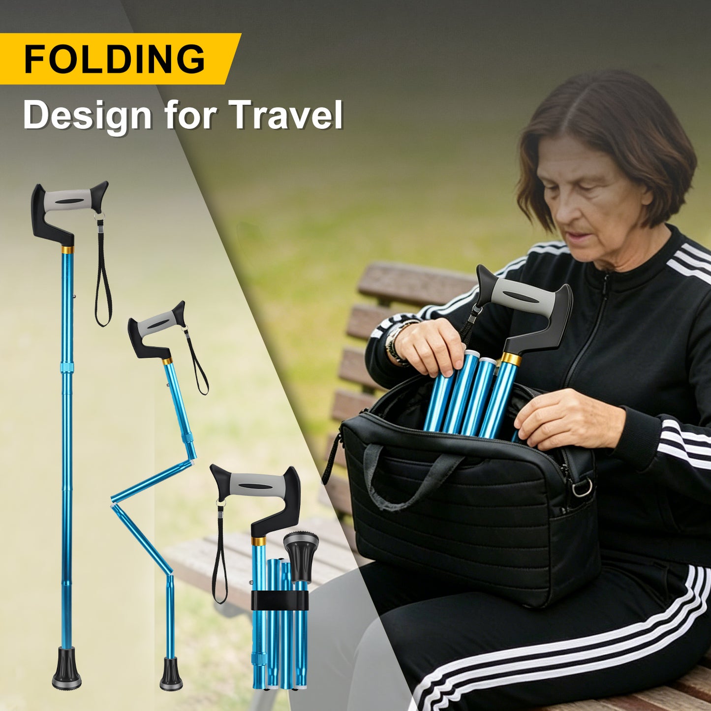 Foldable Adjustable Walking Cane with Offset Ergonomic Handle & All-Terrain Tip