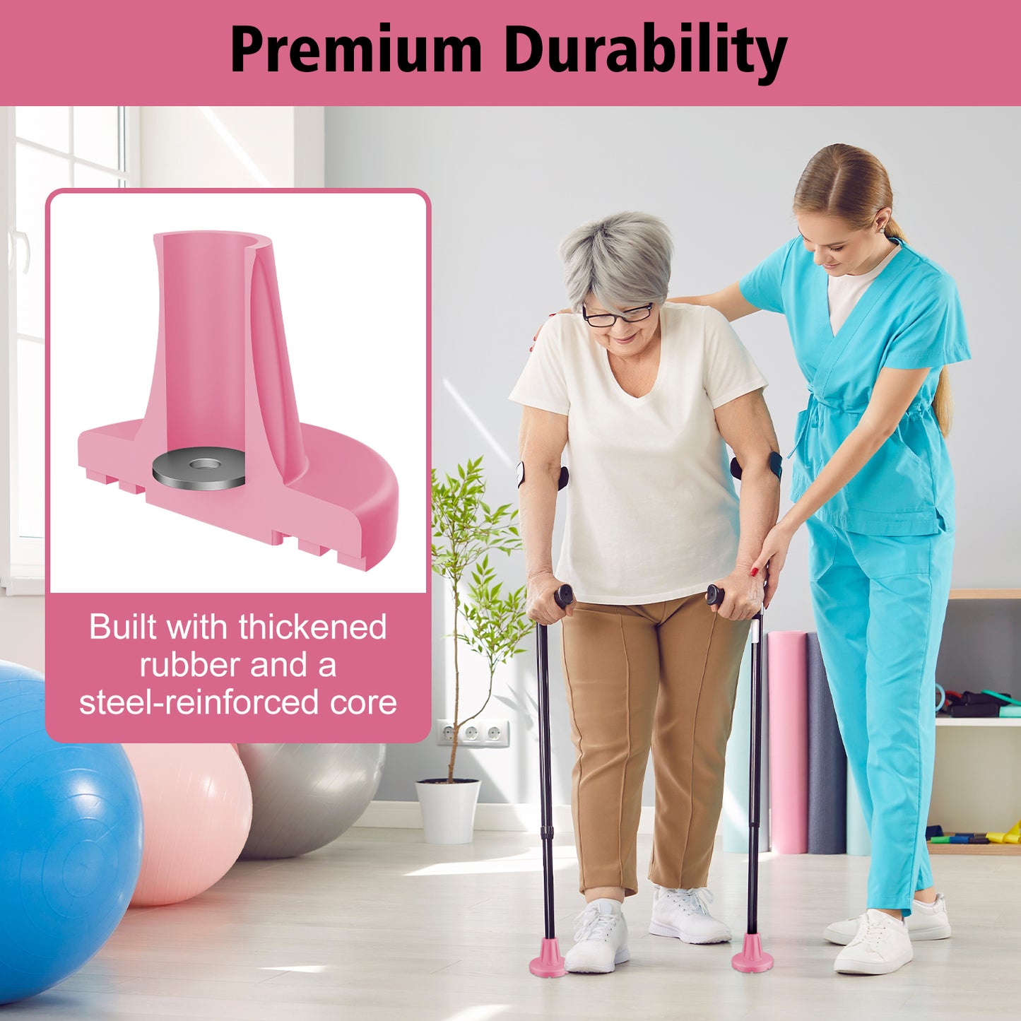 7/8" Heavy-Duty Anti-Slip Rubber Cane Tips with Steel Core, 2-Pack