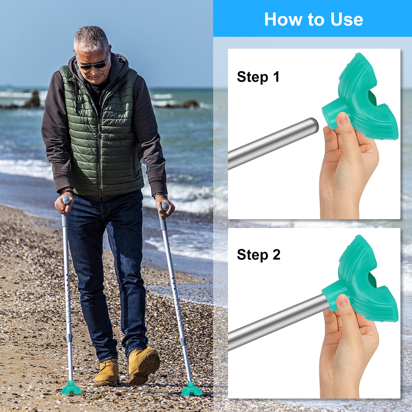 Self-Standing Cane Tip, Rubber Quad Base for Canes & Walking Sticks