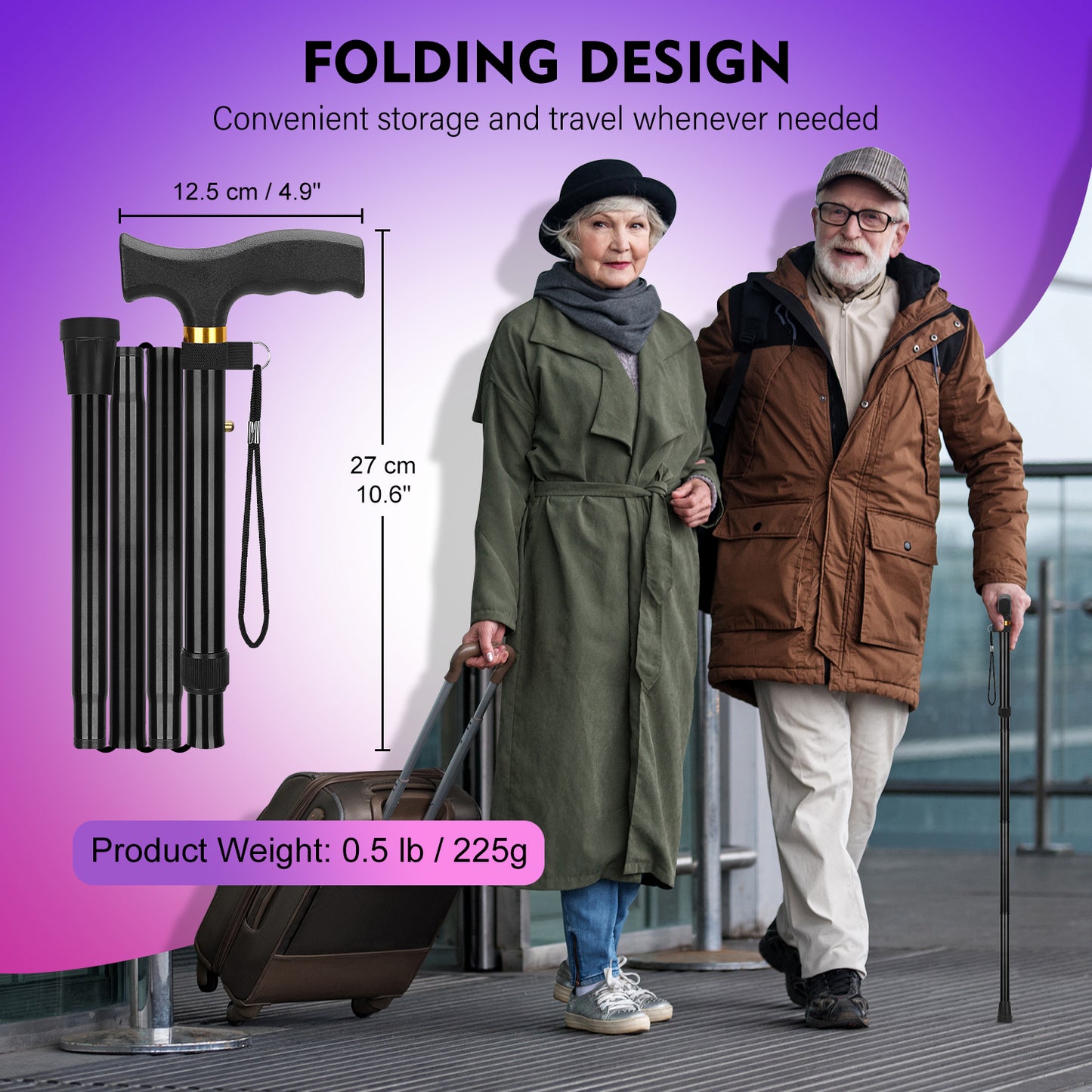 Foldable Walking Cane, Collapsible with Self-Standing Tip