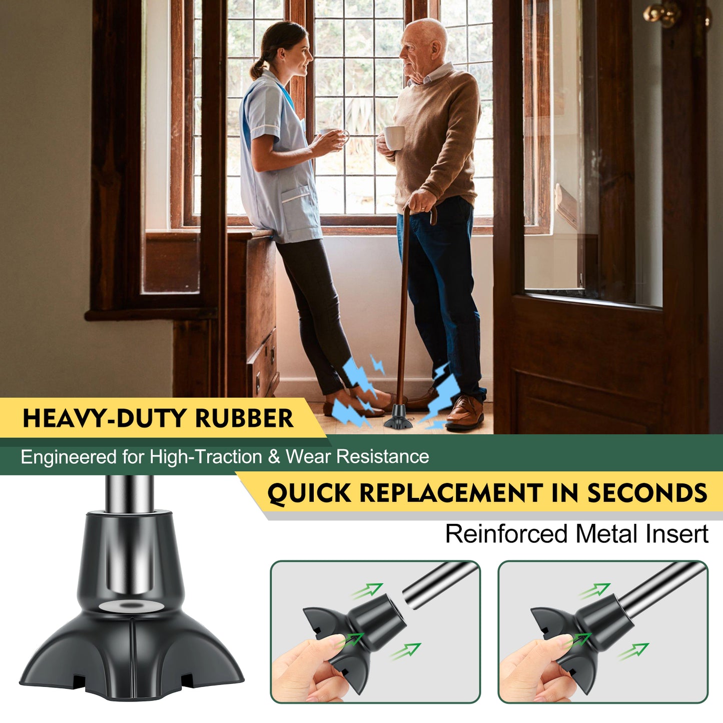 Quad Cane Tips 2-Pack, Non-Slip 4-Prong Rubber Replacement Feet with Metal Insert for Walking Canes and Mobility Support