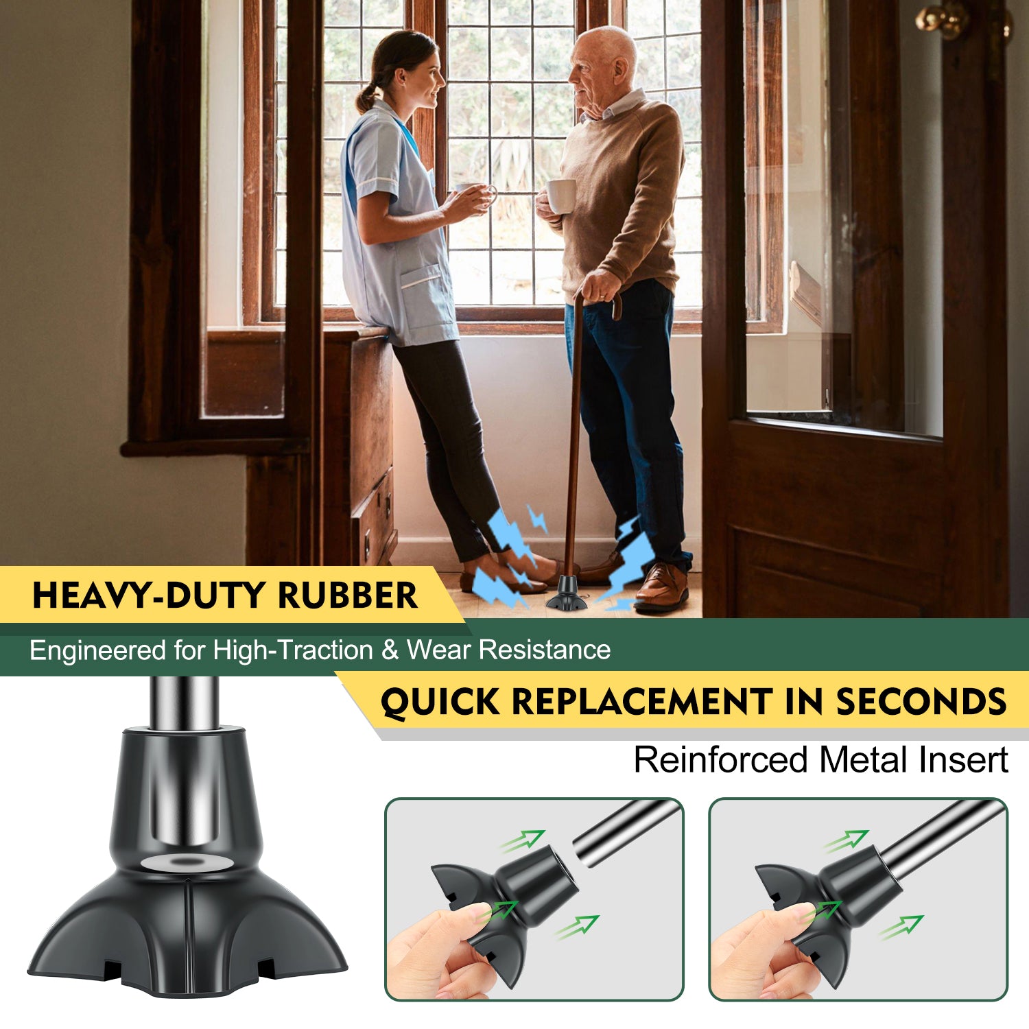 Quad Cane Tips 2-Pack, Non-Slip 4-Prong Rubber Replacement Feet with Metal Insert for Walking Canes and Mobility Support