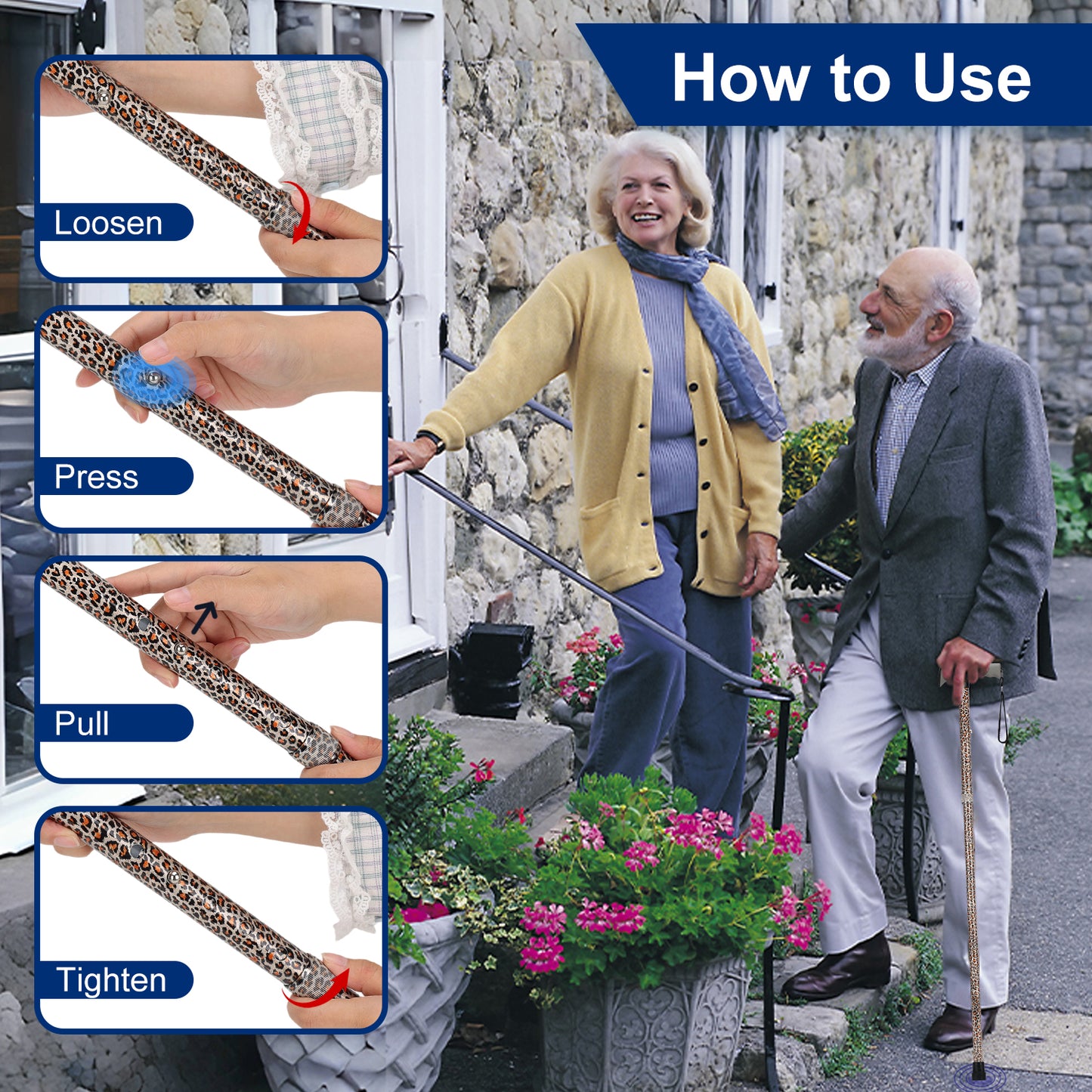 Folding Walking Cane, 5 Height Levels, Supports up to 250 lbs