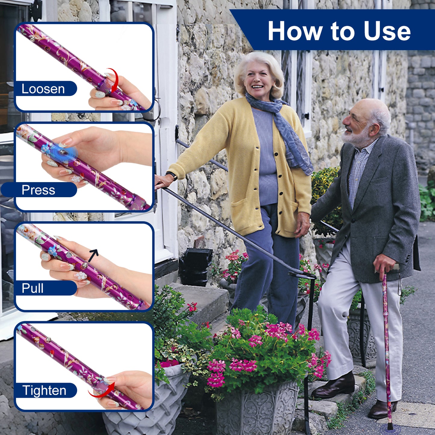 Folding Walking Cane, Adjustable Height, Lightweight Floral Cane