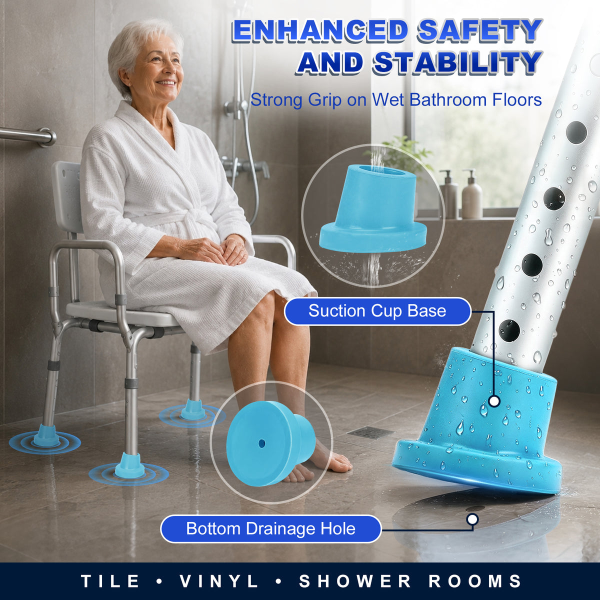 1 Inch Shower Chair Replacement Feet 4-Pack, Non-Slip Suction Rubber Tips for Bath Chairs