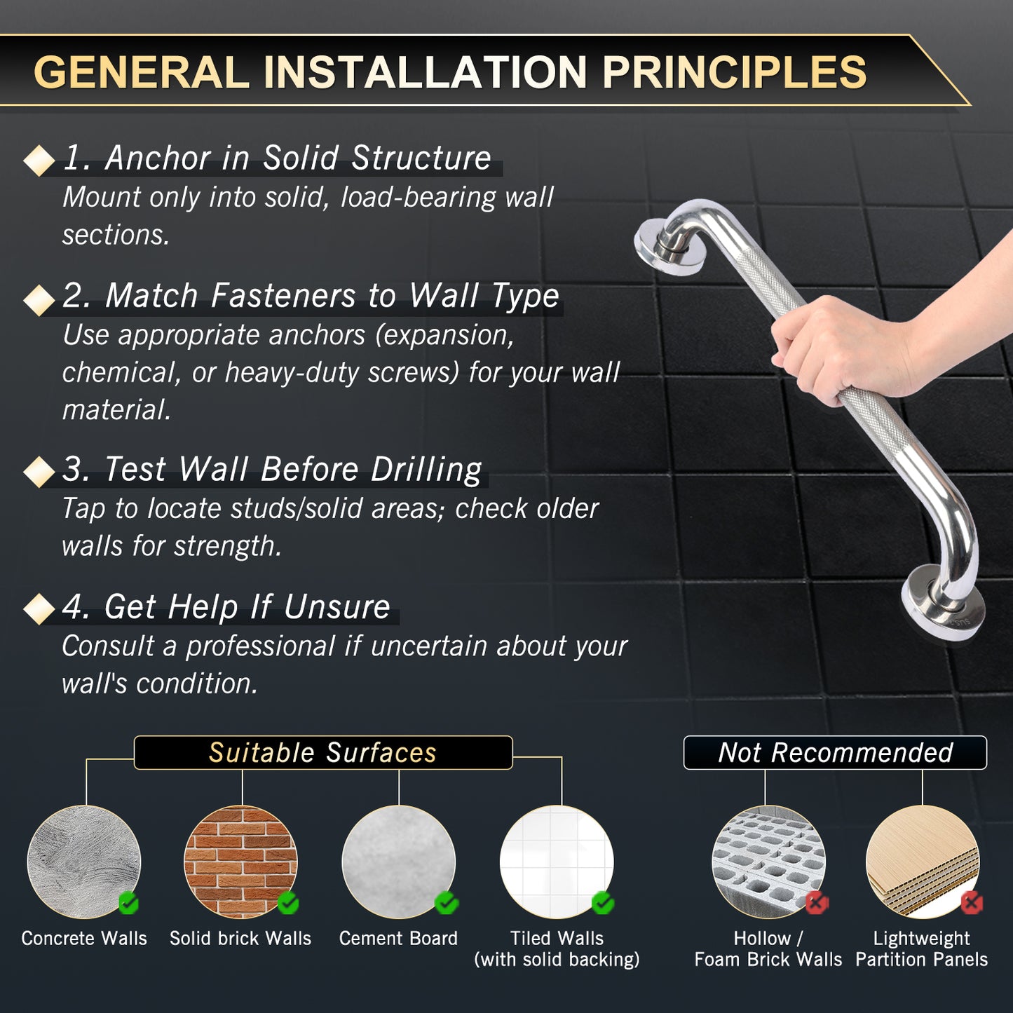 Non-Slip Bathroom Grab Bar Rail