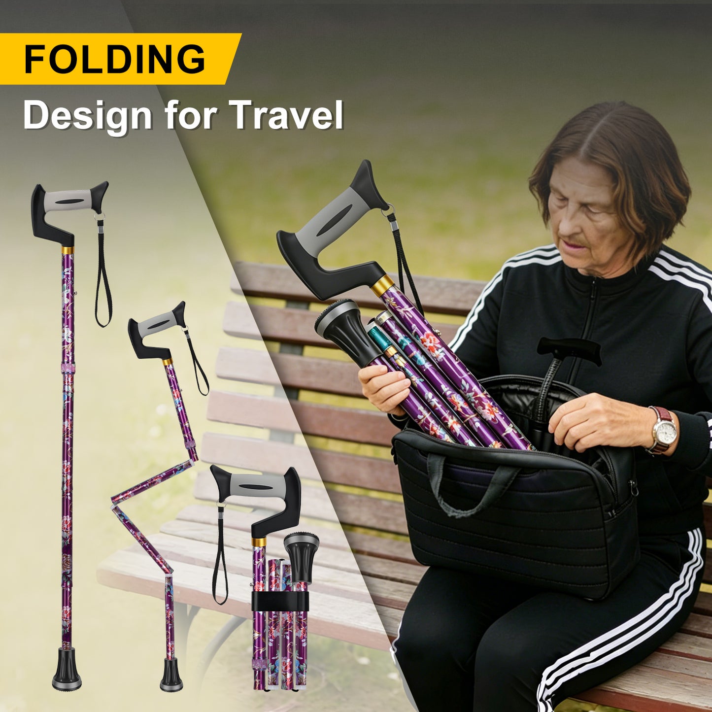 Foldable Adjustable Walking Cane with Offset Ergonomic Handle & All-Terrain Tip