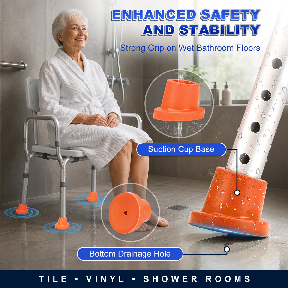 1 Inch Shower Chair Replacement Feet 4-Pack, Non-Slip Suction Rubber Tips for Bath Chairs