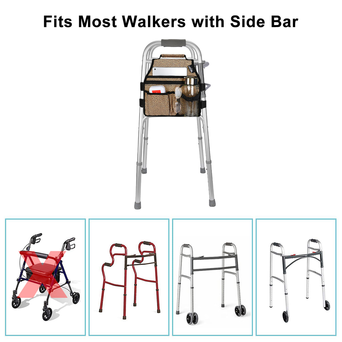 Walker Side Bag Organizer for Side Bar Walkers with 8 Pockets