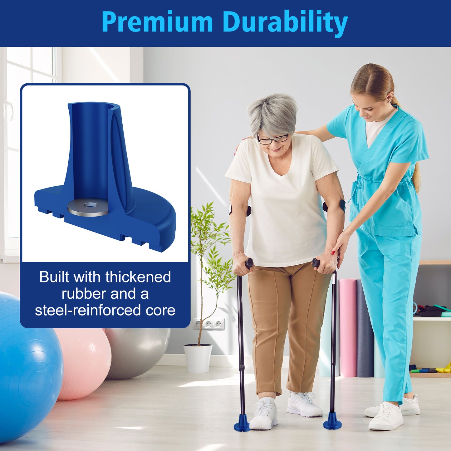 7/8" Heavy-Duty Anti-Slip Rubber Cane Tips with Steel Core, 2-Pack