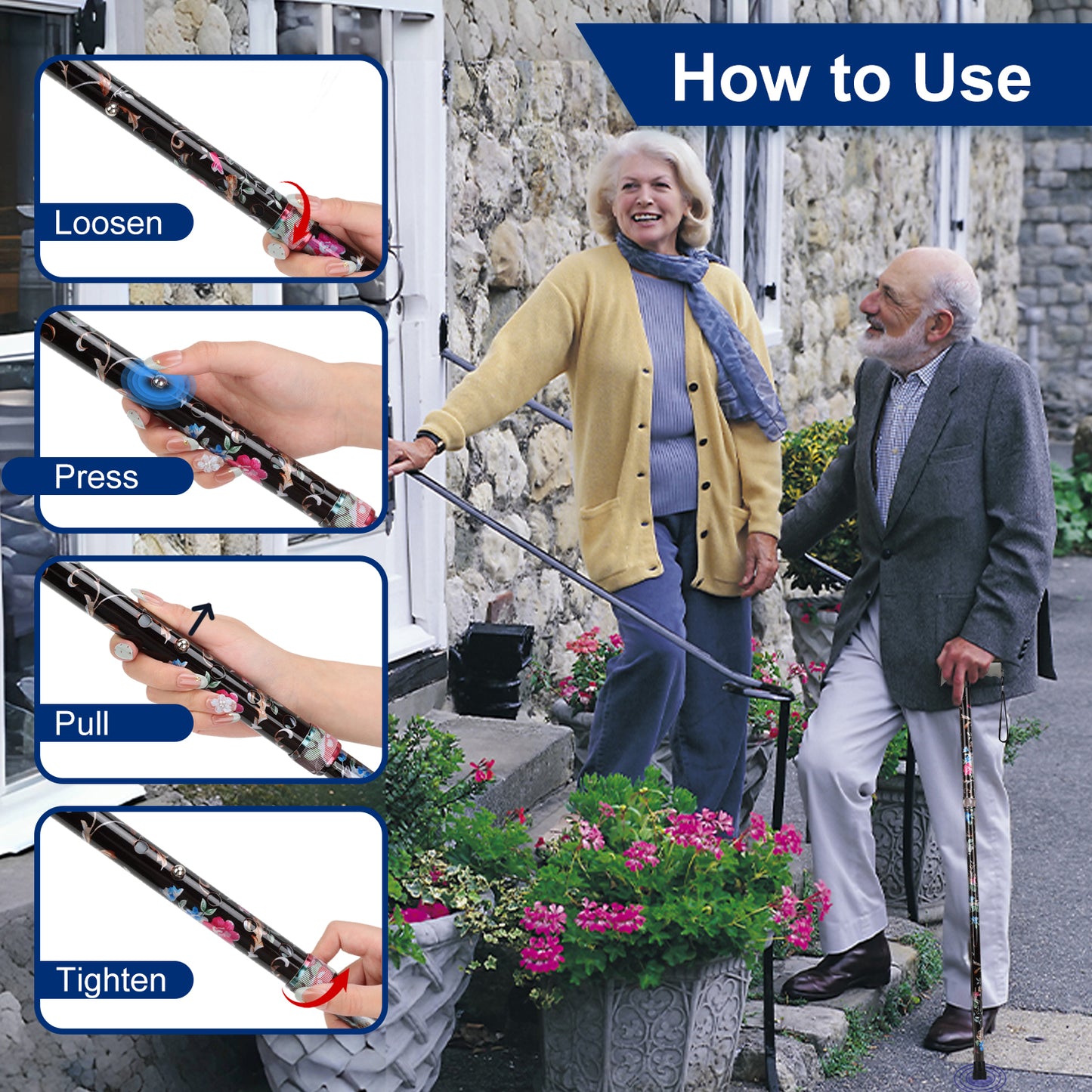 Folding Walking Cane, Adjustable Height, Lightweight Floral Cane
