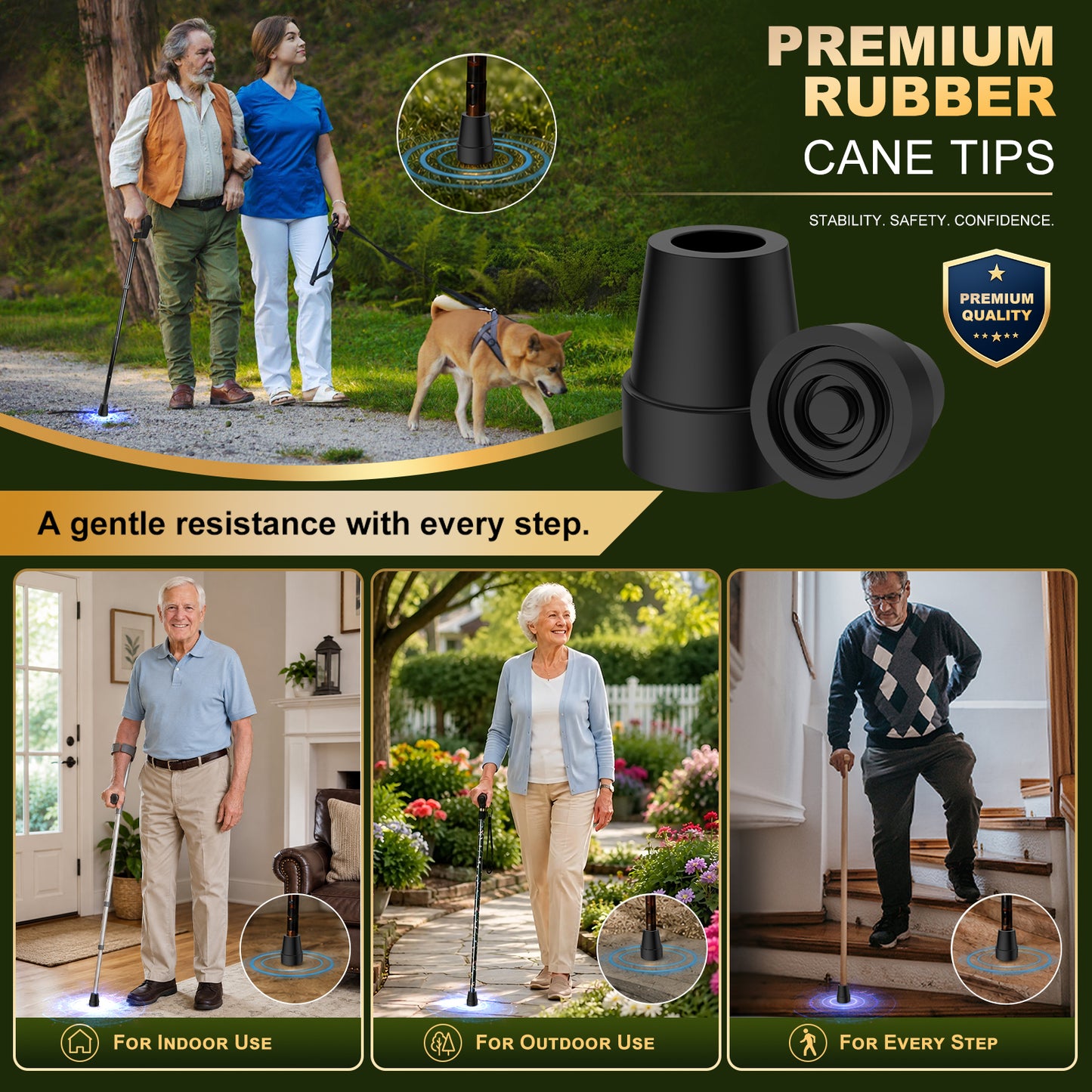 Non-Slip Rubber Cane Tip Replacement, Heavy Duty Walking Cane Foot with Metal Insert for Stability and Support