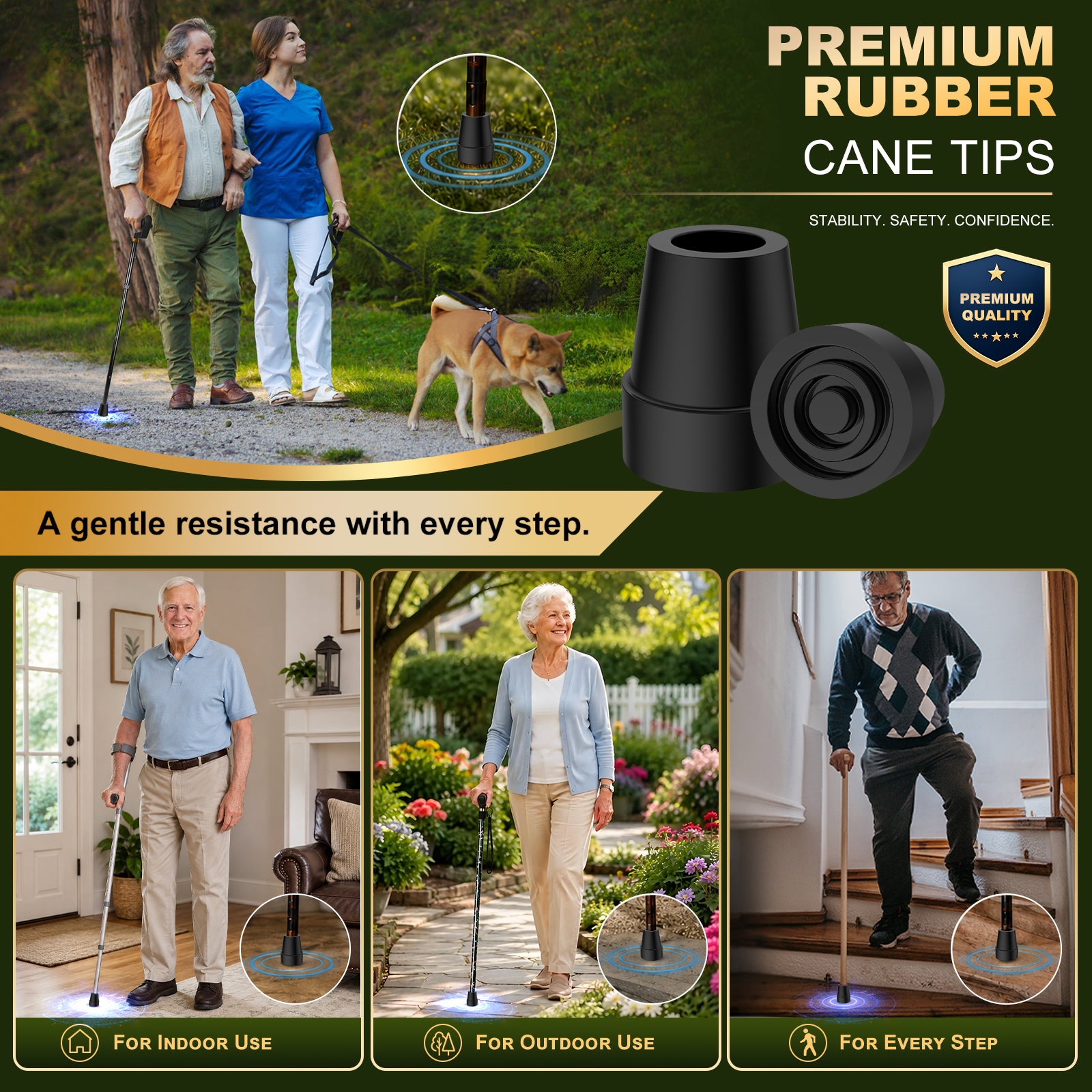 Non-Slip Rubber Cane Tip Replacement, Heavy Duty Walking Cane Foot with Metal Insert for Stability and Support