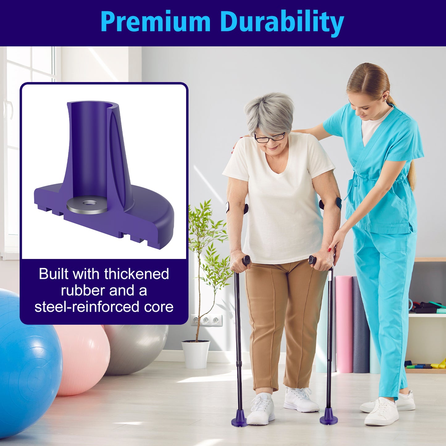 7/8" Heavy-Duty Anti-Slip Rubber Cane Tips with Steel Core, 2-Pack