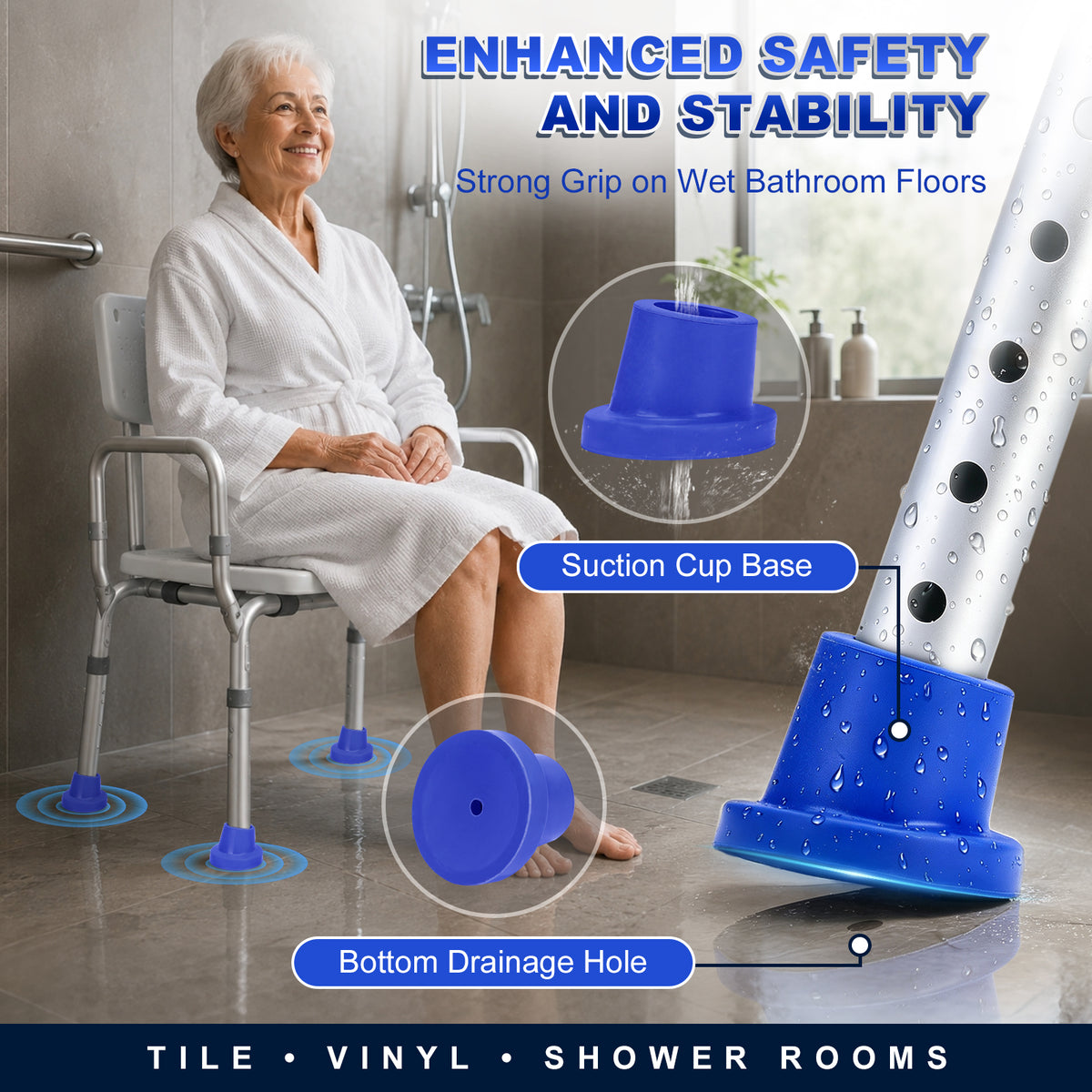 1 Inch Shower Chair Replacement Feet 4-Pack, Non-Slip Suction Rubber Tips for Bath Chairs