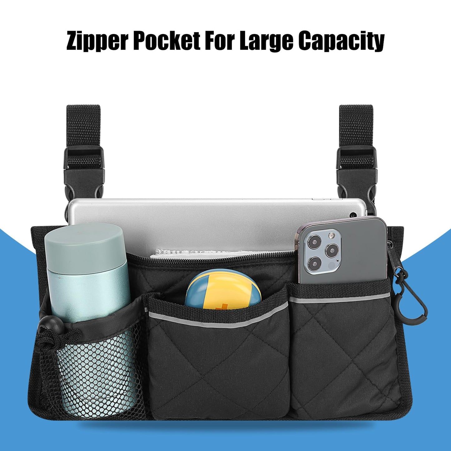 6 Pocket Wheelchair Side Bag with Reflective Stripes