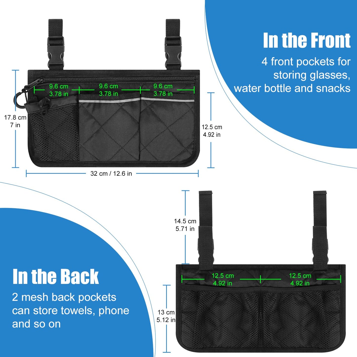 6 Pocket Wheelchair Side Bag with Reflective Stripes