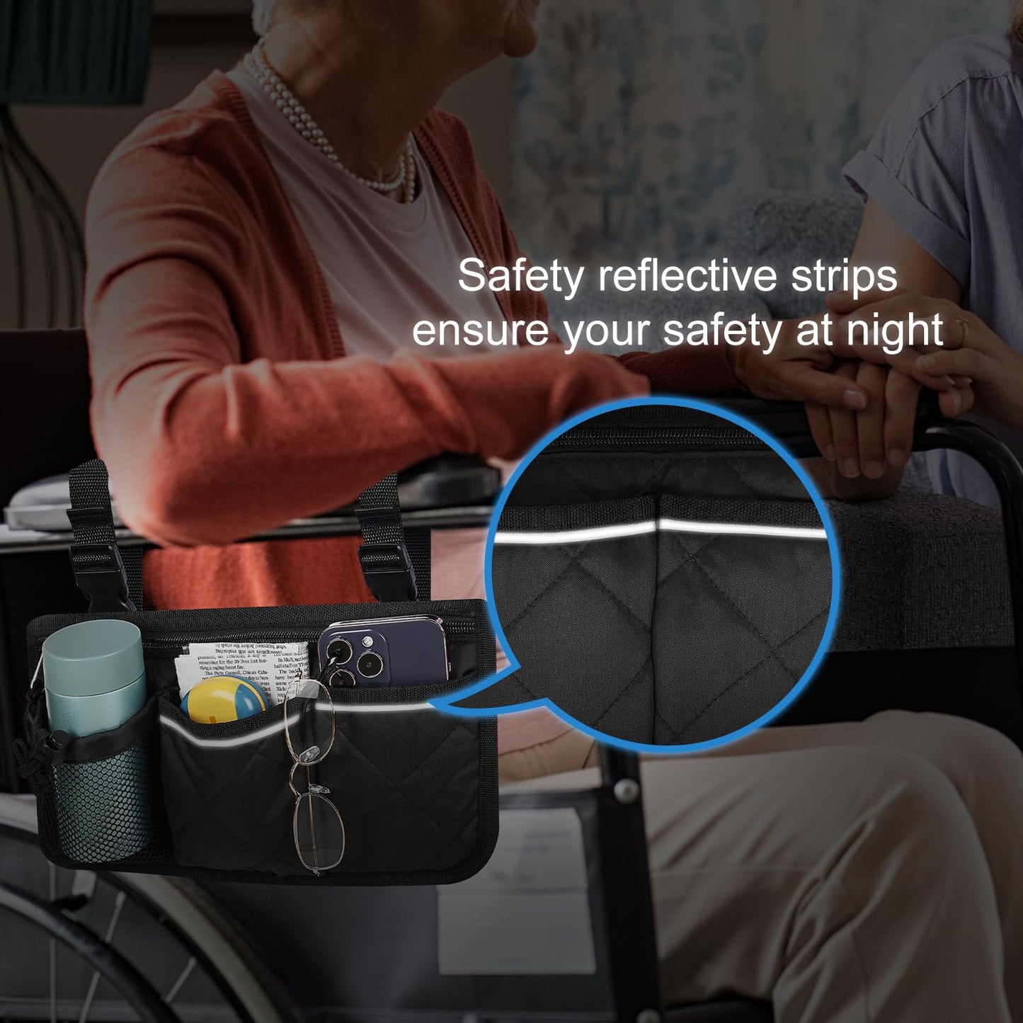 6 Pocket Wheelchair Side Bag with Reflective Stripes