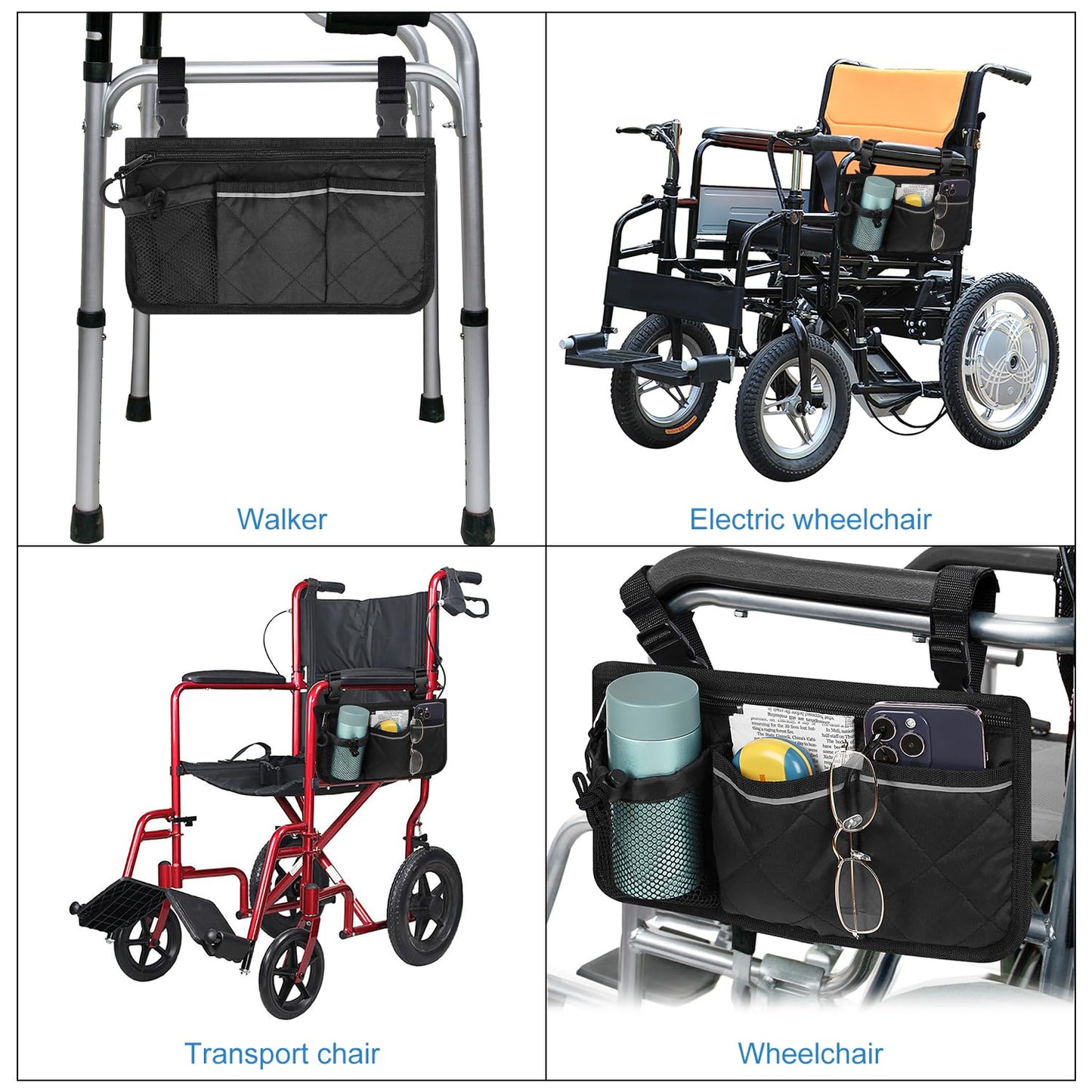 6 Pocket Wheelchair Side Bag with Reflective Stripes