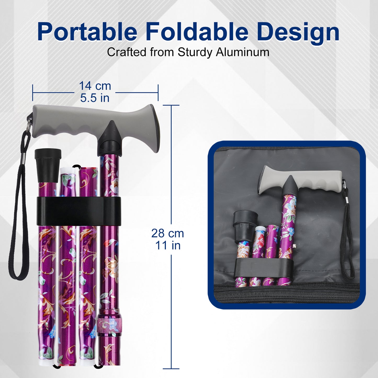 Folding Walking Cane, Adjustable Height, Lightweight Floral Cane