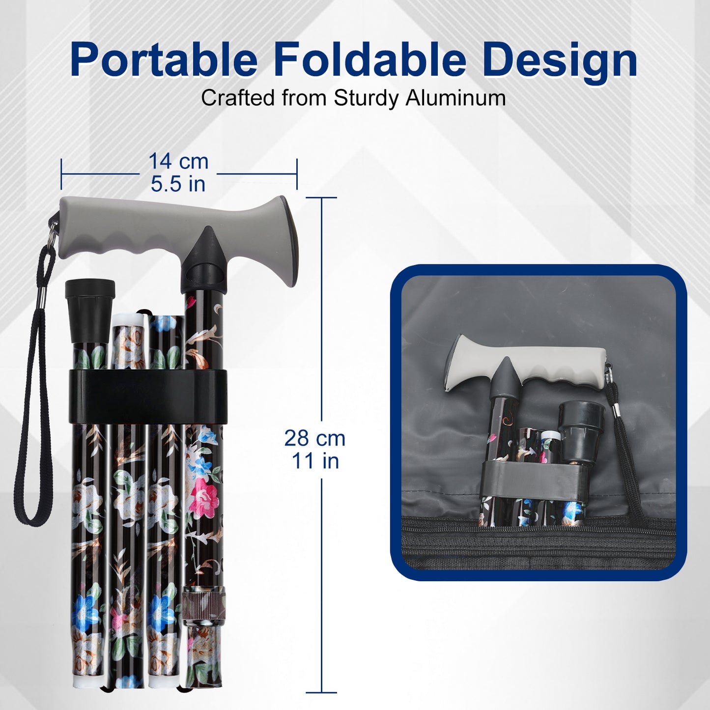 Folding Walking Cane, Adjustable Height, Lightweight Floral Cane