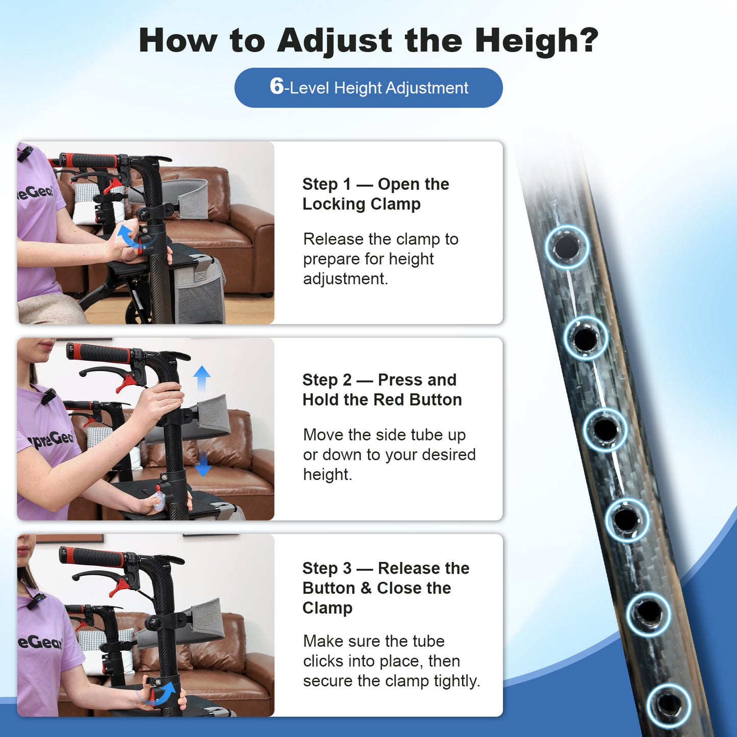 Carbon Fiber Foldable Rollator Walker, Ultra-Light Strong Mobility Cart for Seniors with Easy-Lift Design for Home, Travel & Daily Use