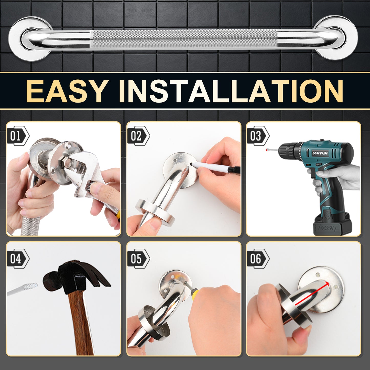 Non-Slip Bathroom Grab Bar Rail