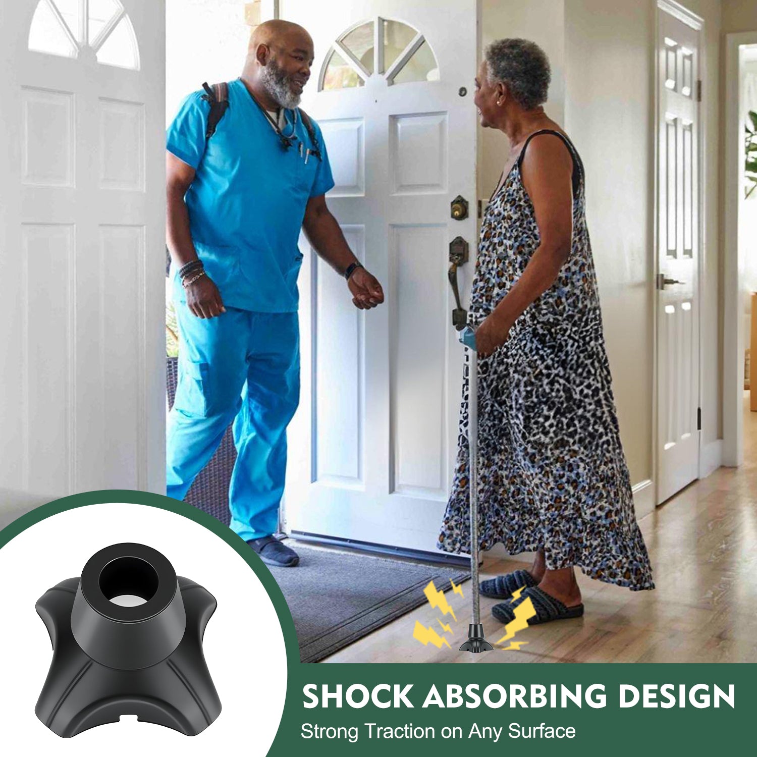 Quad Cane Tips 2-Pack, Non-Slip 4-Prong Rubber Replacement Feet with Metal Insert for Walking Canes and Mobility Support