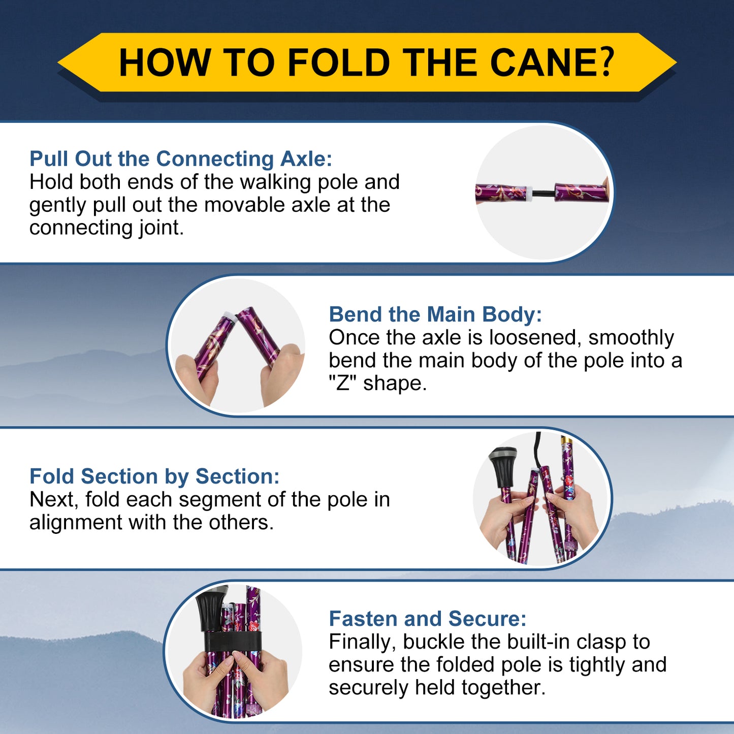 Foldable Adjustable Walking Cane with Offset Ergonomic Handle & All-Terrain Tip