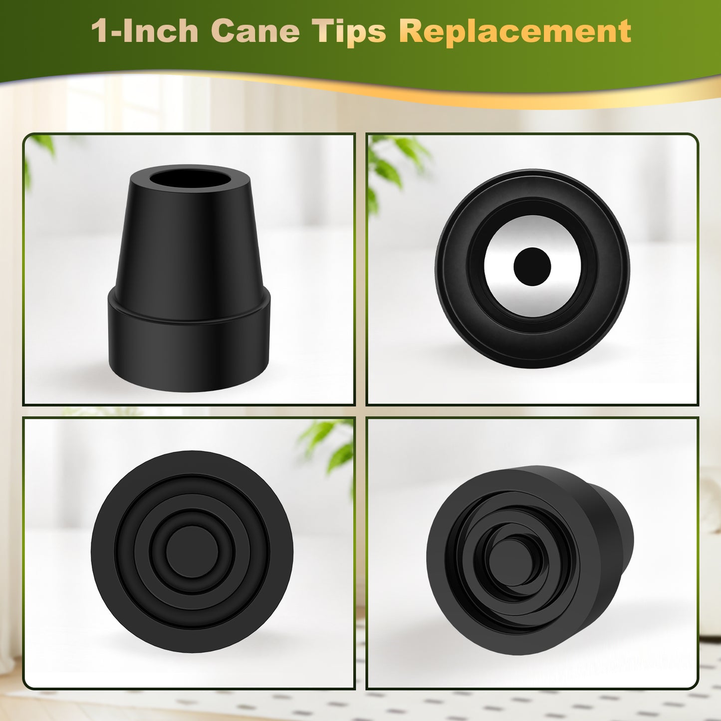 Non-Slip Rubber Cane Tip Replacement, Heavy Duty Walking Cane Foot with Metal Insert for Stability and Support