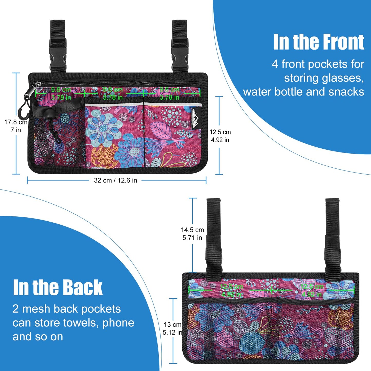6 Pocket Wheelchair Side Bag with Reflective Stripes