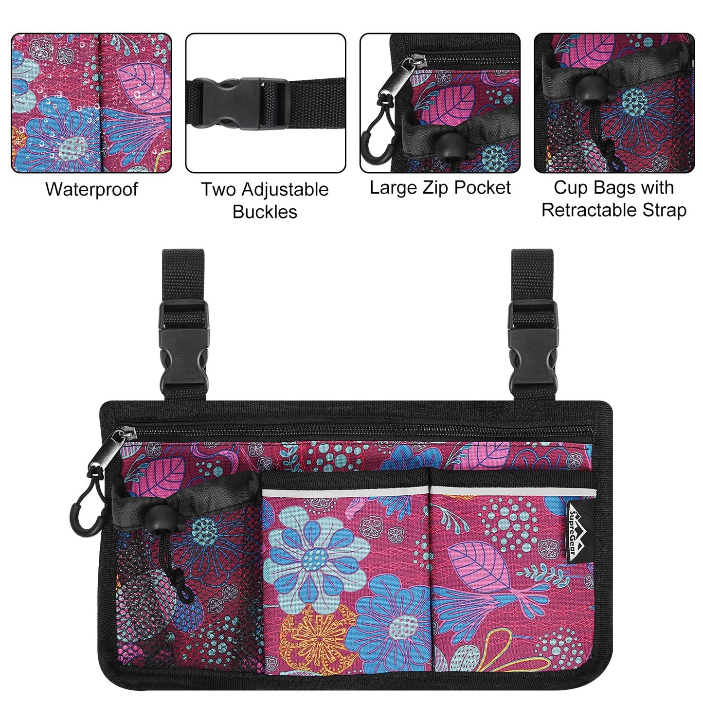 6 Pocket Wheelchair Side Bag with Reflective Stripes