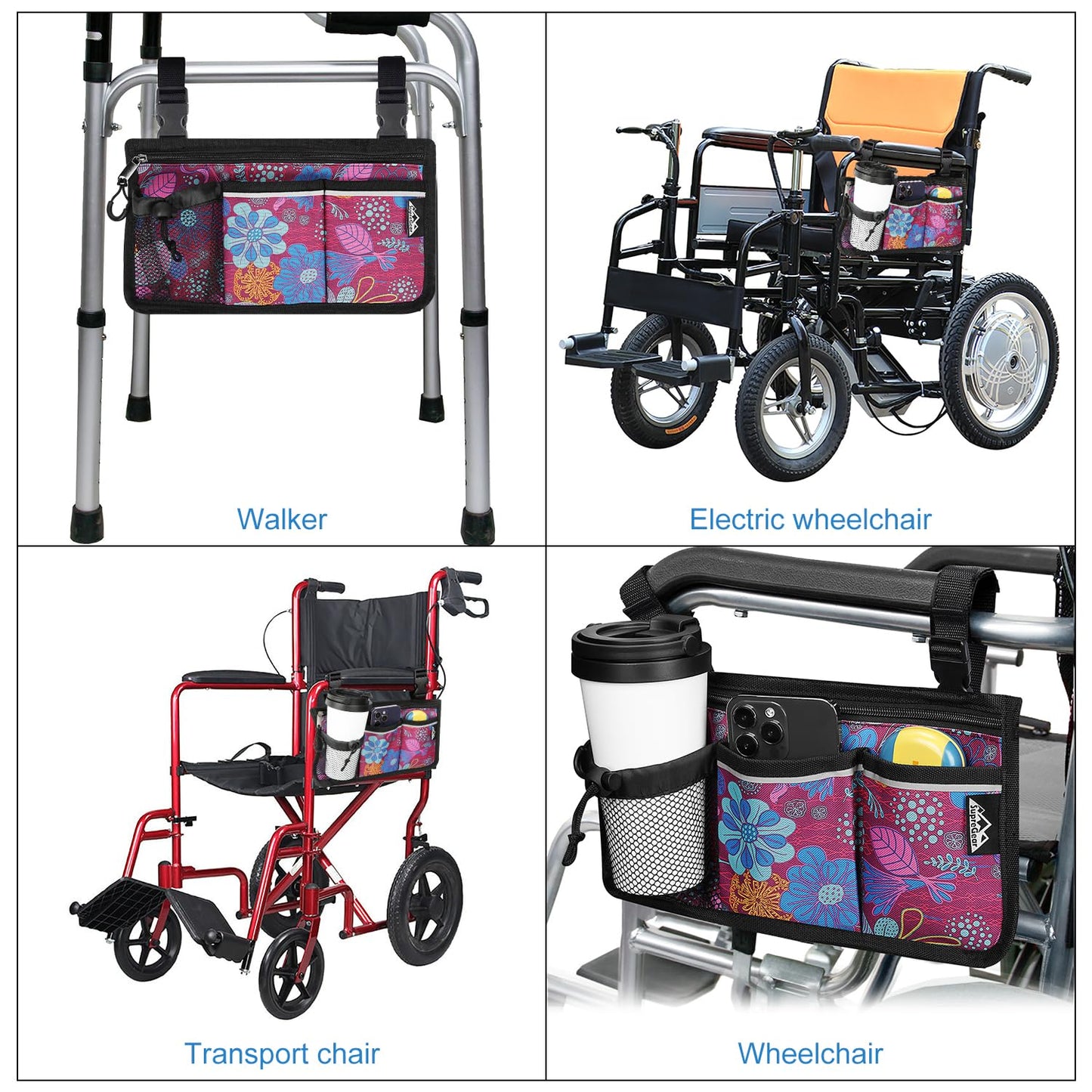 6 Pocket Wheelchair Side Bag with Reflective Stripes