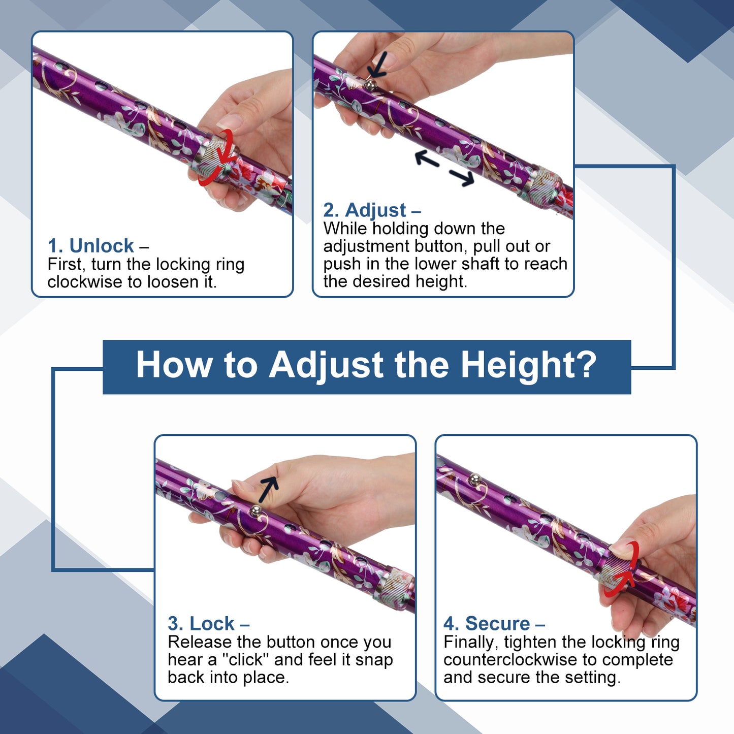 Foldable Adjustable Walking Cane with Offset Ergonomic Handle & All-Terrain Tip