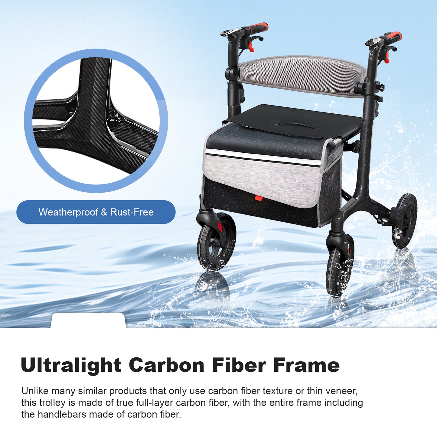 Carbon Fiber Foldable Rollator Walker, Ultra-Light Strong Mobility Cart for Seniors with Easy-Lift Design for Home, Travel & Daily Use