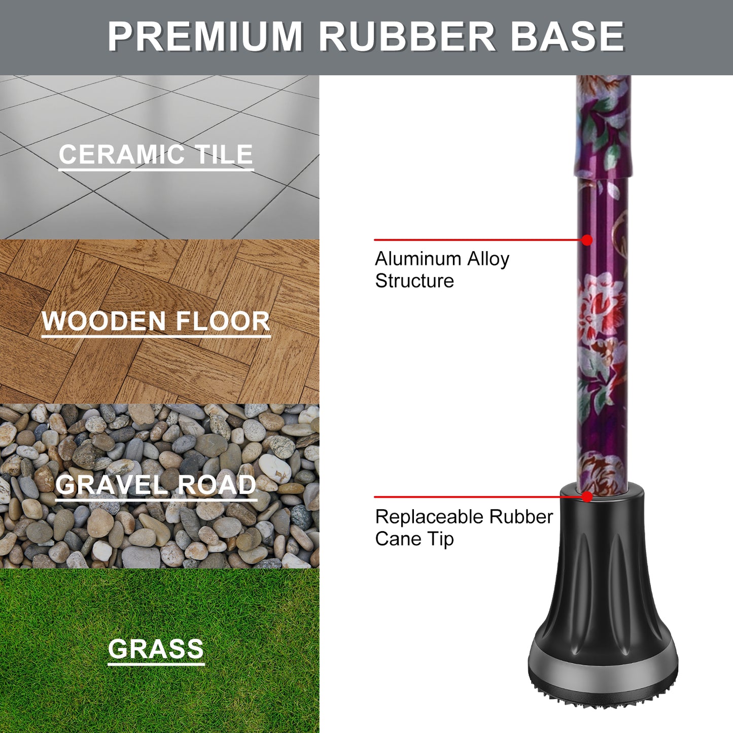Foldable Adjustable Walking Cane with Offset Ergonomic Handle & All-Terrain Tip