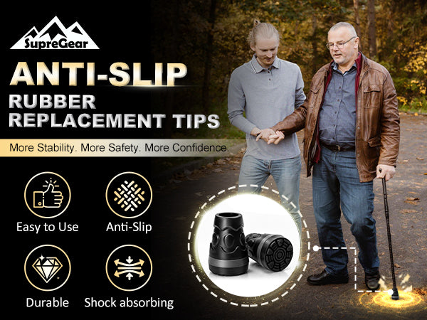 3/4 Inch Cane Tips, Non-Slip Rubber Replacement Tips for Walking Canes, Heavy-Duty All-Terrain Feet with Metal Insert, 2-Pack