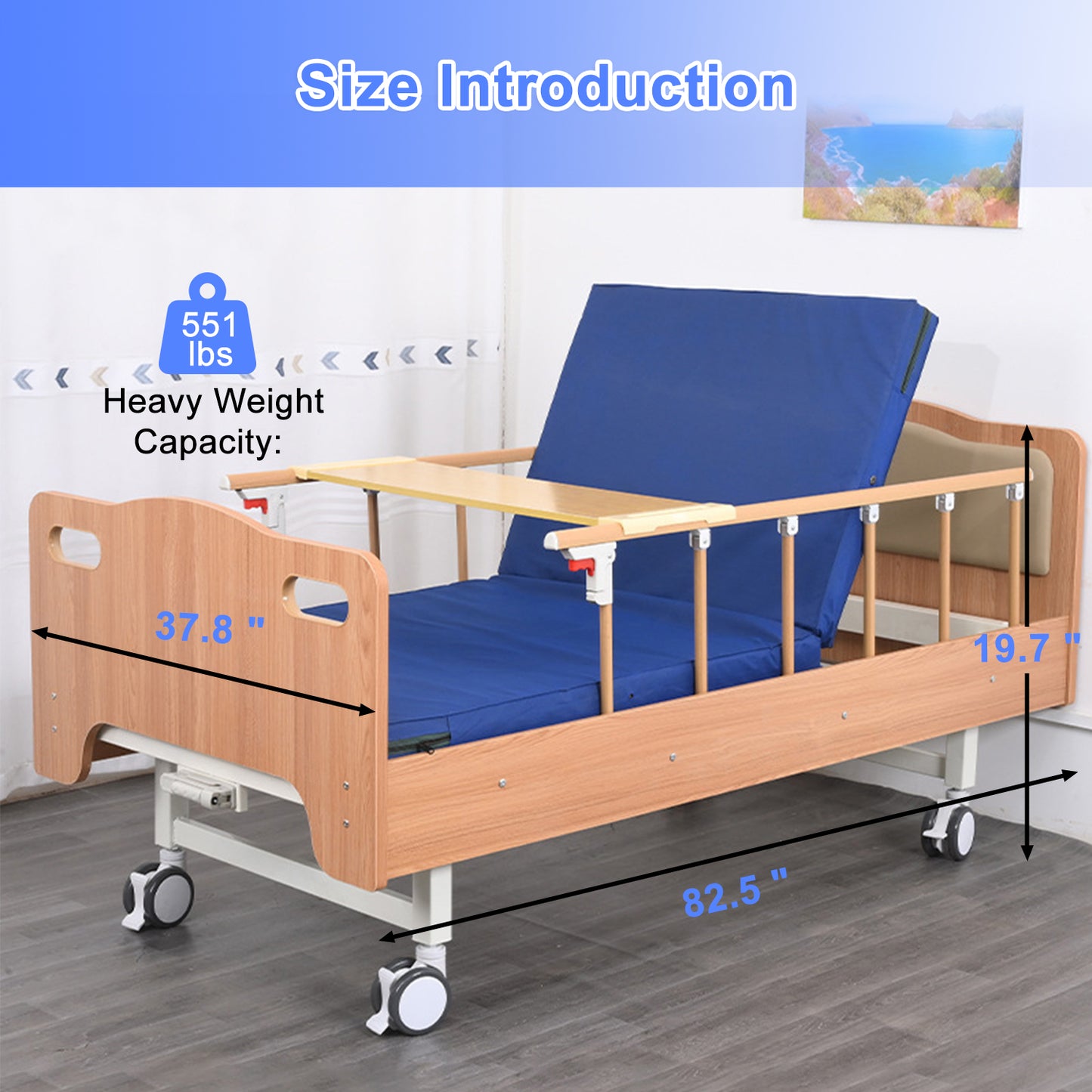 Wooden Hidden Hospital Bed w/ Full-Length Adjustable Side Rails