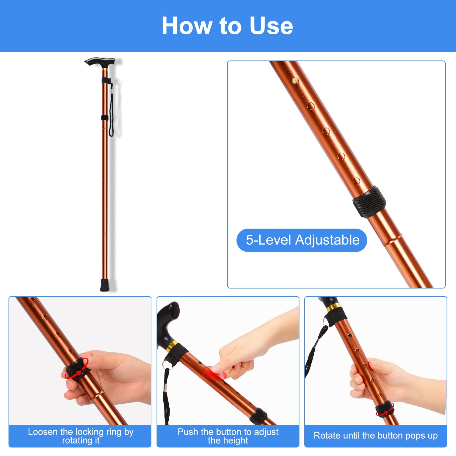Walking Stick -Portable,Collapsible,Folding,Telescopic,Non-Slip Canes, Walking Aid,with 5 Height Adjustable Crutches,Aluminum Alloy,for Hiking, Walking Cane : : Health & Personal Care