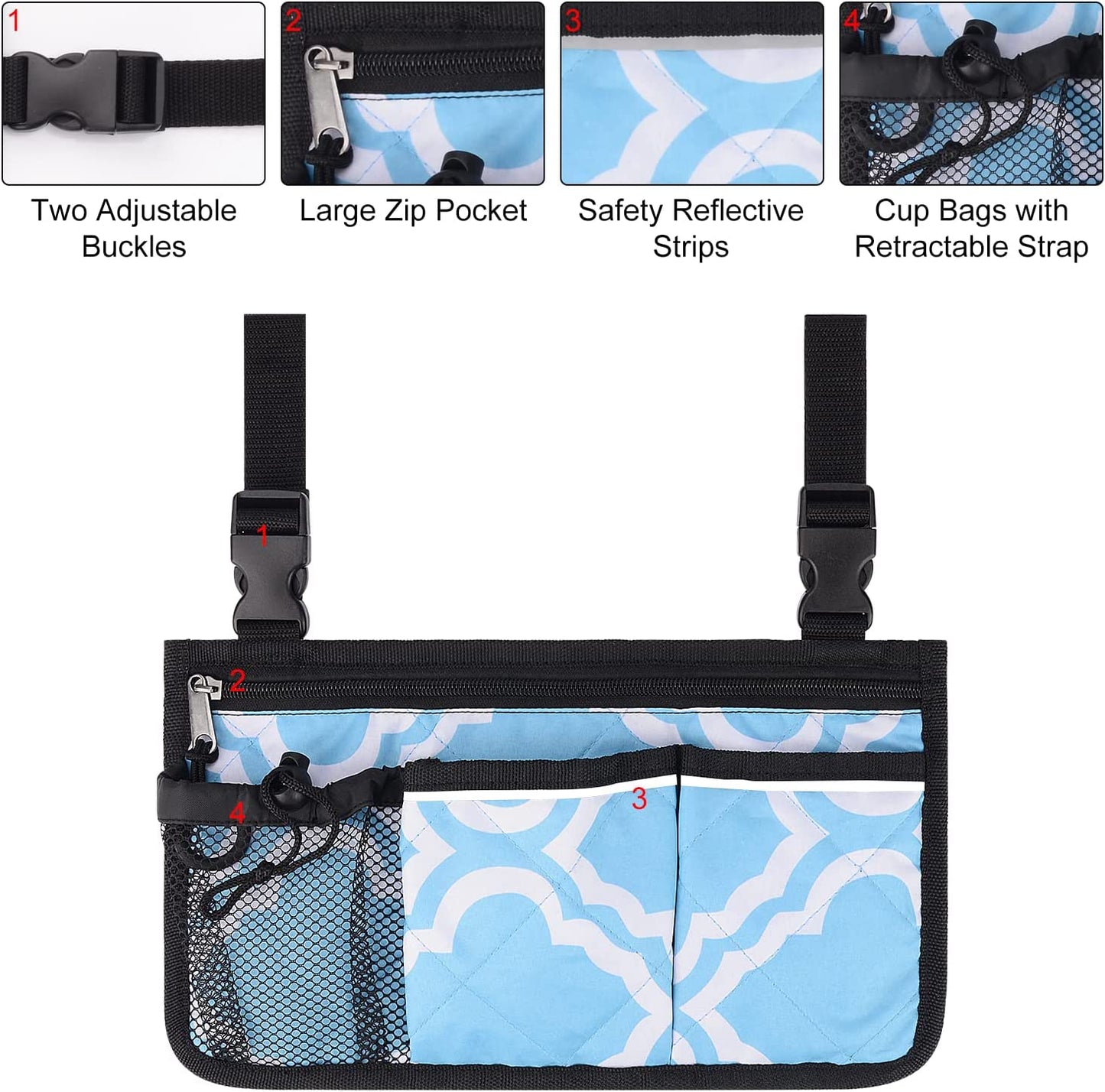 6 Pocket Wheelchair Side Bag with Reflective Stripes