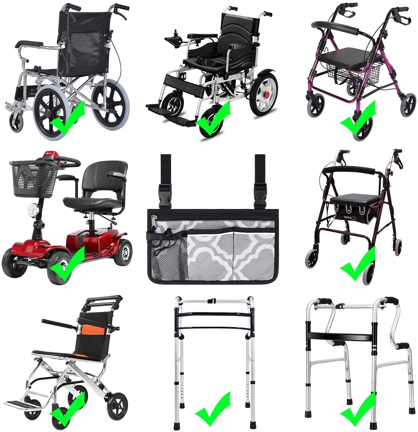 6 Pocket Wheelchair Side Bag with Reflective Stripes