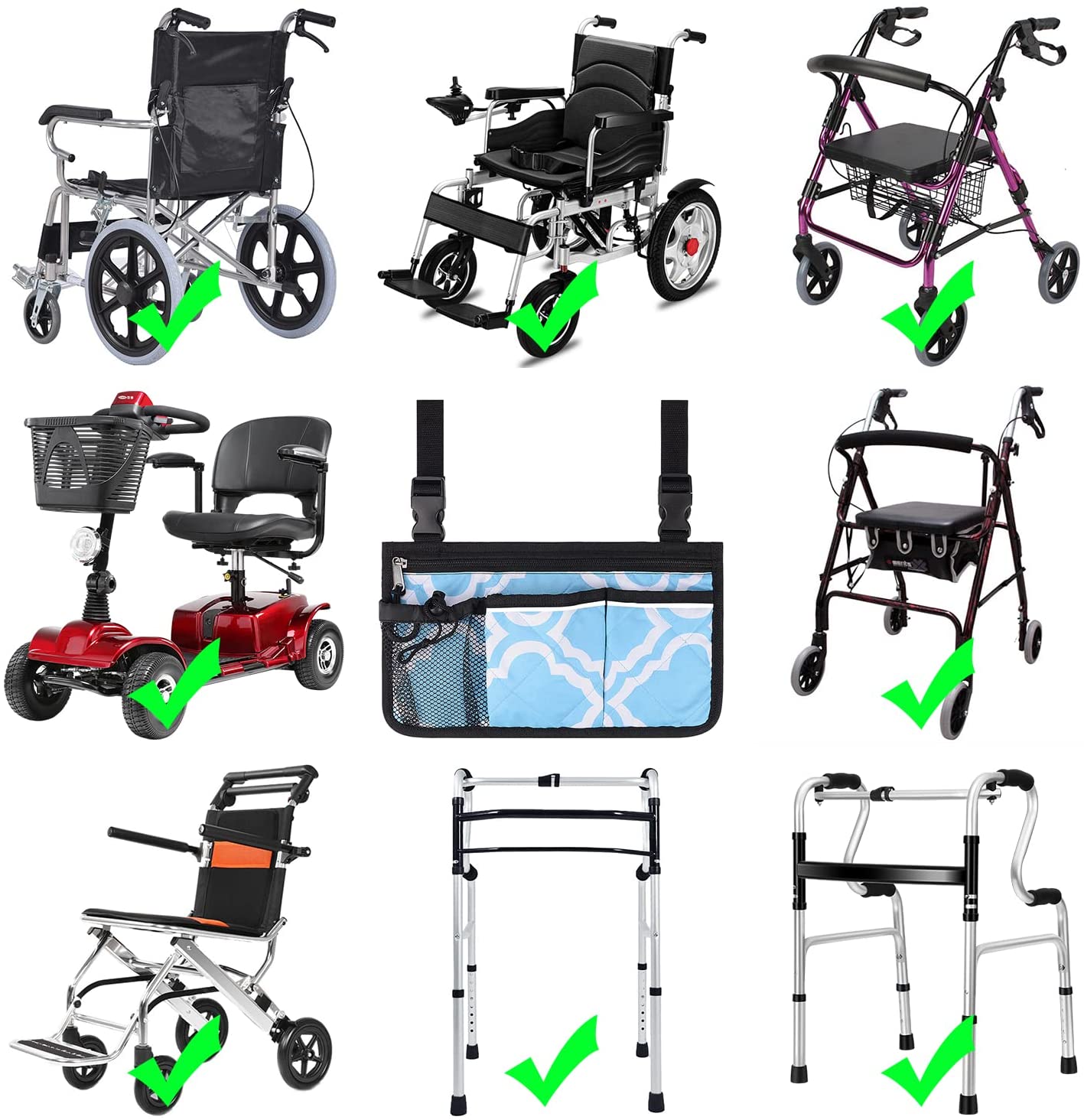 6 Pocket Wheelchair Side Bag with Reflective Stripes