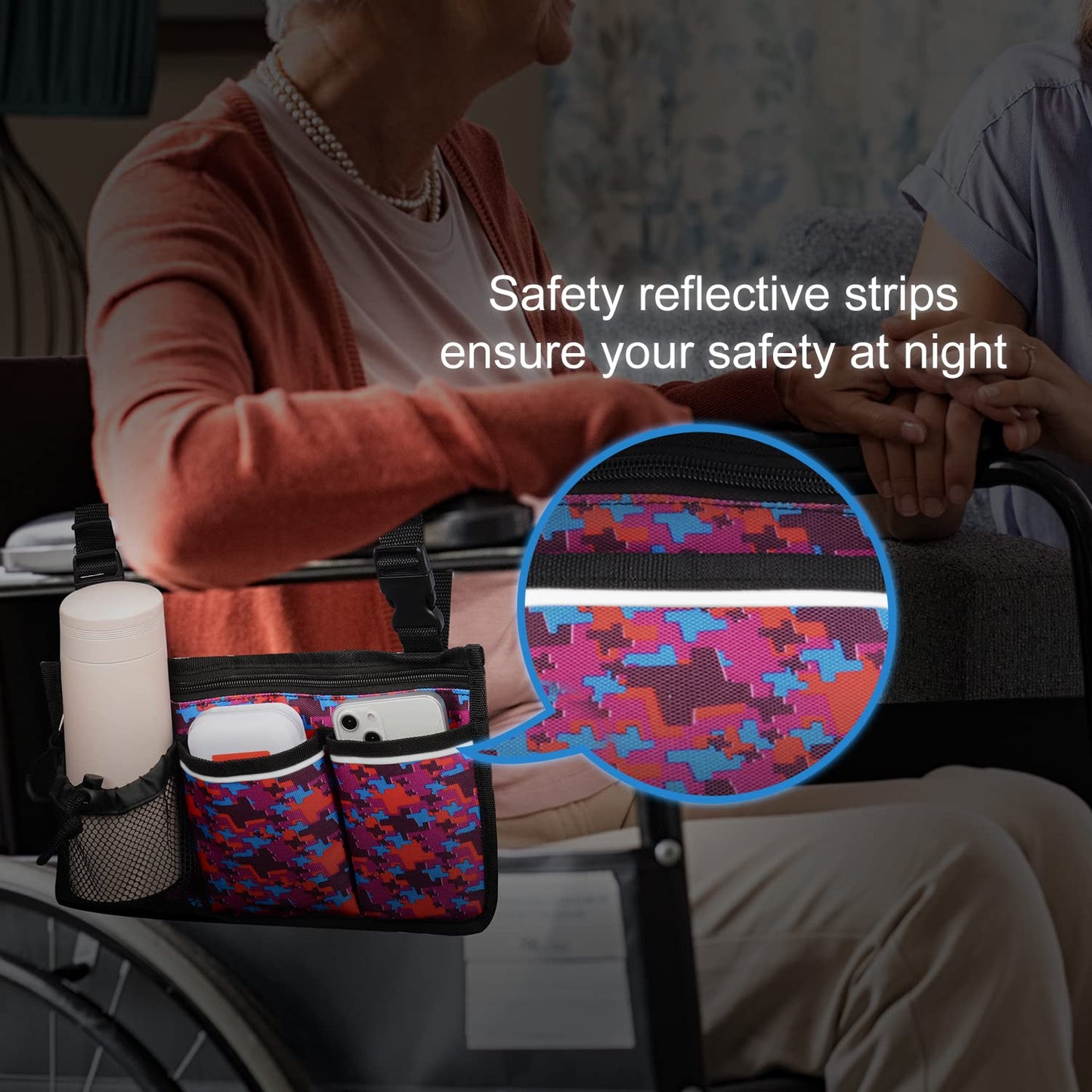 6 Pocket Wheelchair Side Bag with Reflective Stripes