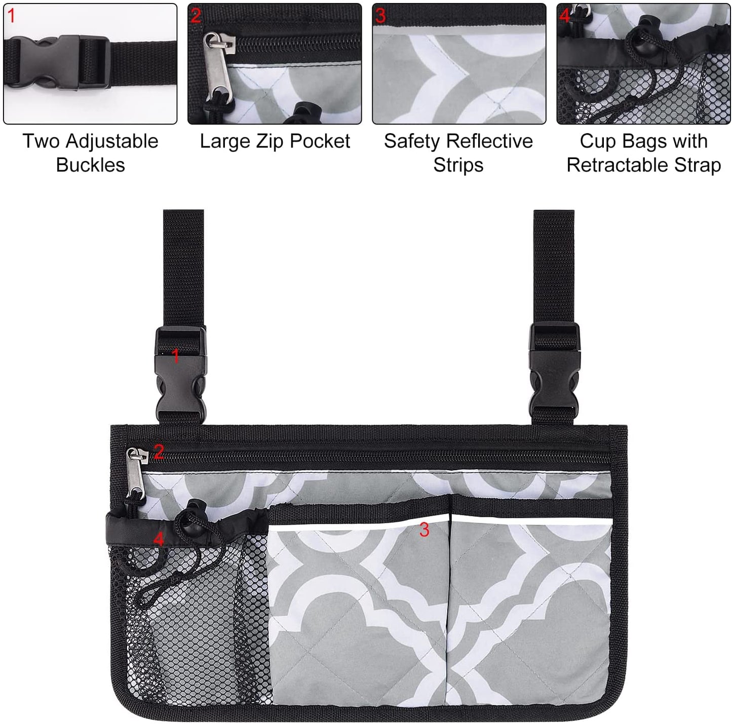 6 Pocket Wheelchair Side Bag with Reflective Stripes