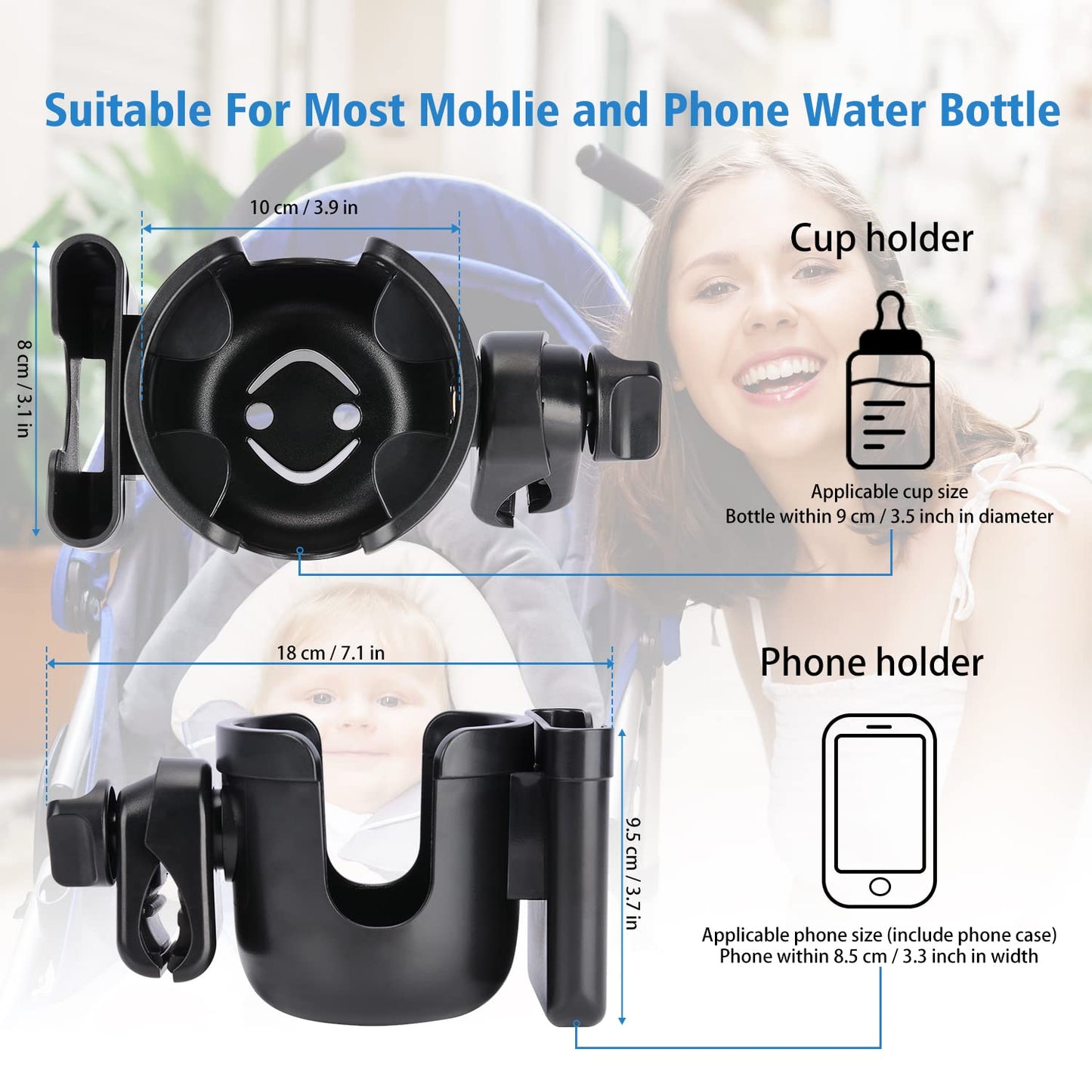 Bottle and Phone Holder Accessory for Stroller Walker Bike