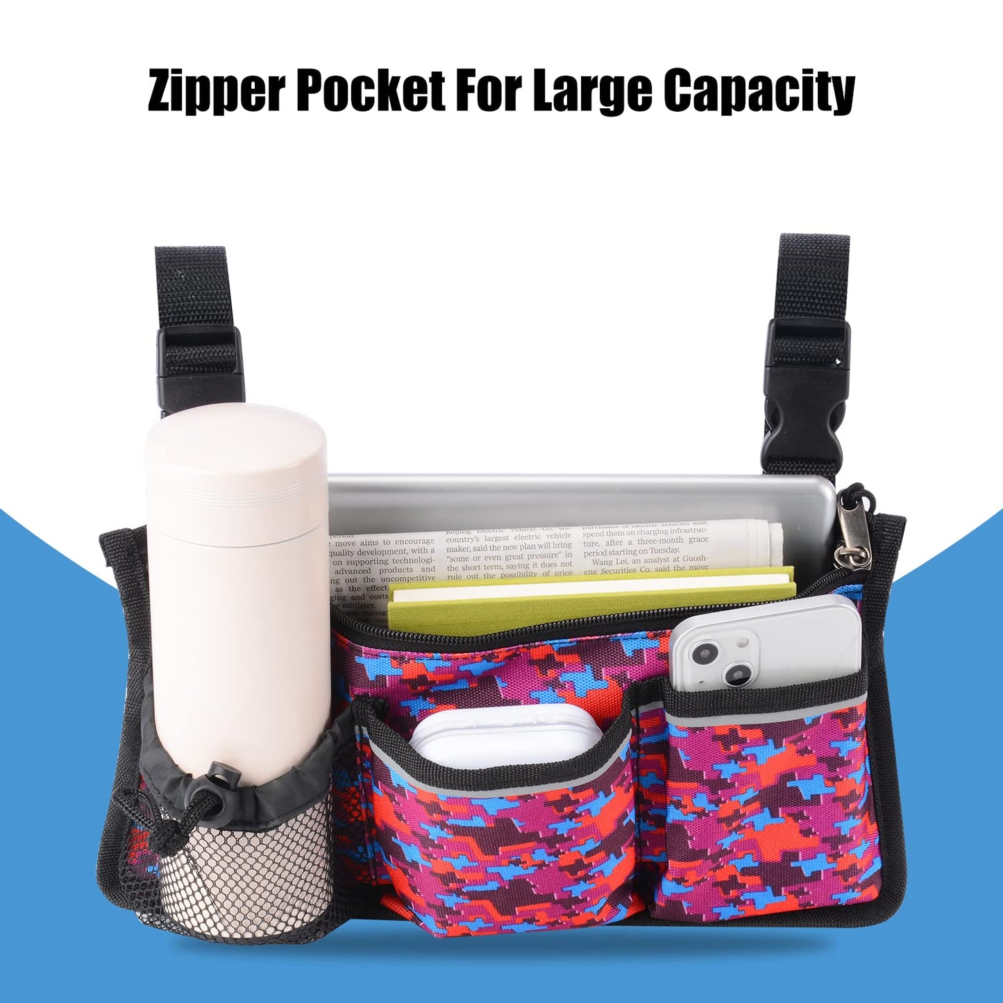 6 Pocket Wheelchair Side Bag with Reflective Stripes